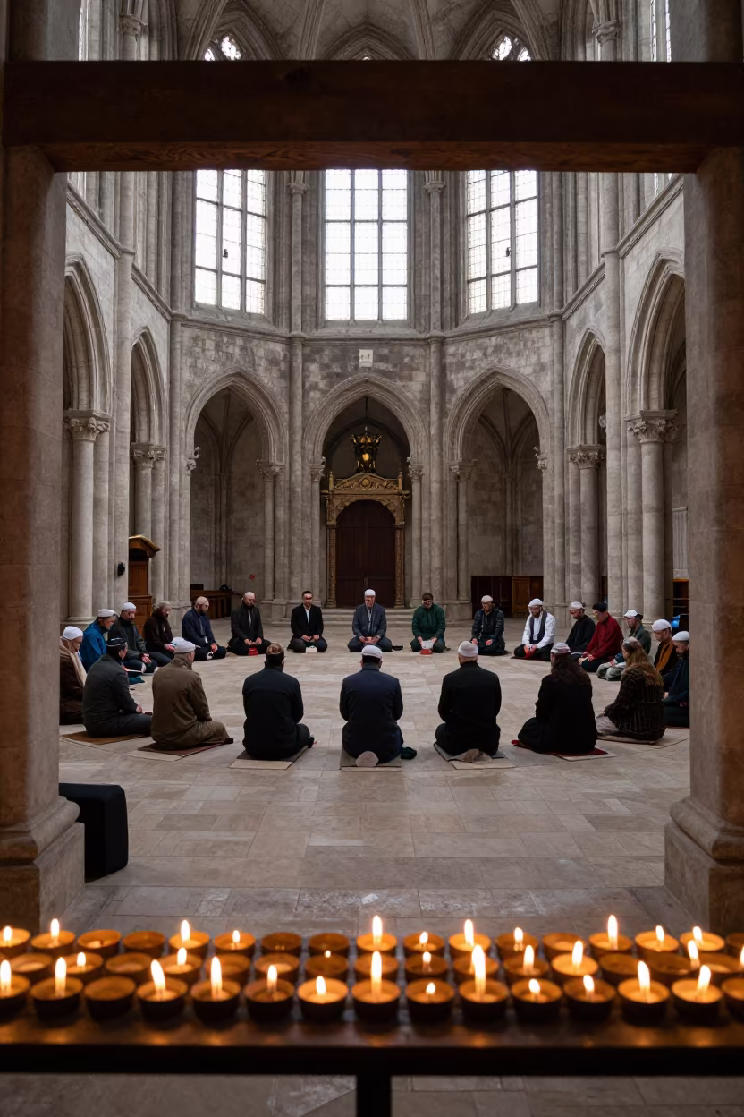 Sufi Zikr Circle in Antwerp Nave in inside a candlelit nave in Antwerp