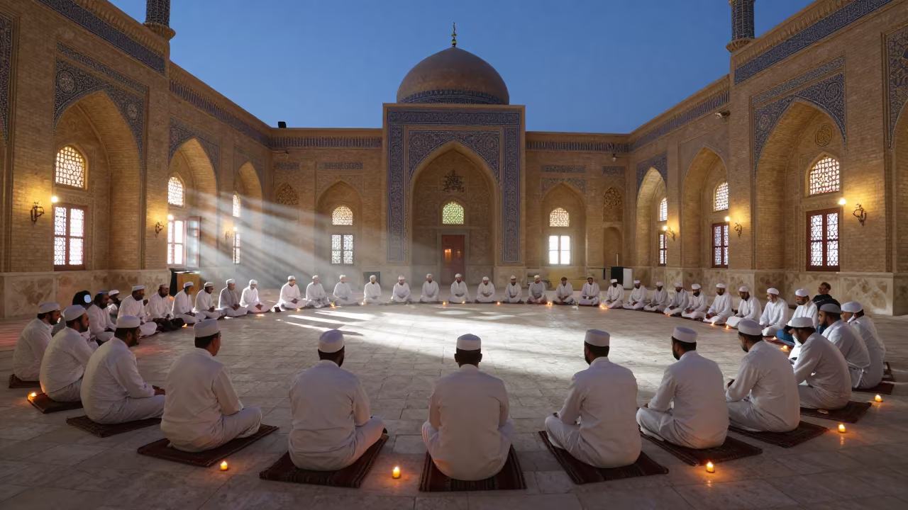 Sufi Zikr Circle Douma Mosque Candlelight in in a mosque prayer hall in Douma