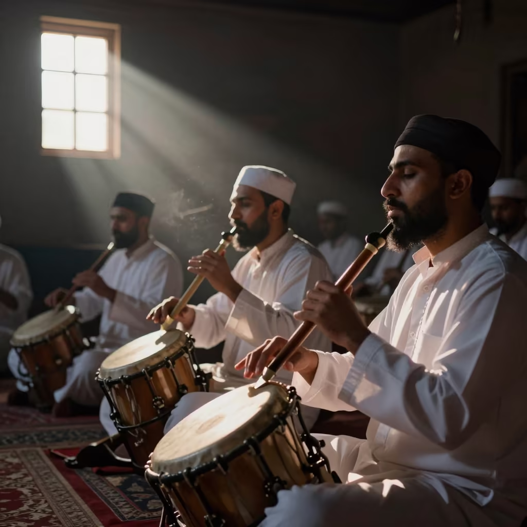 Sufi Zikr Musicians Play Pre-Dawn in on a dimly lit stage in Zielona Góra