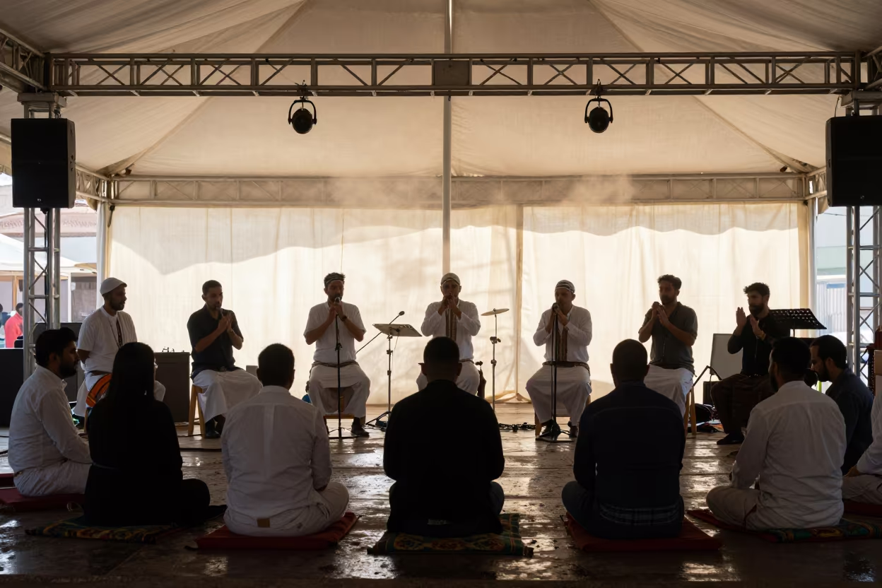 Sufi Zikr Musicians Silhouetted Under Circus Tent in under a circus tent in Witches' Market, La Paz