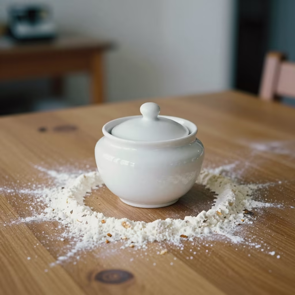 Sugar Bowl Flour Crumbs Oak Table Morning in on a wooden workbench near Cali