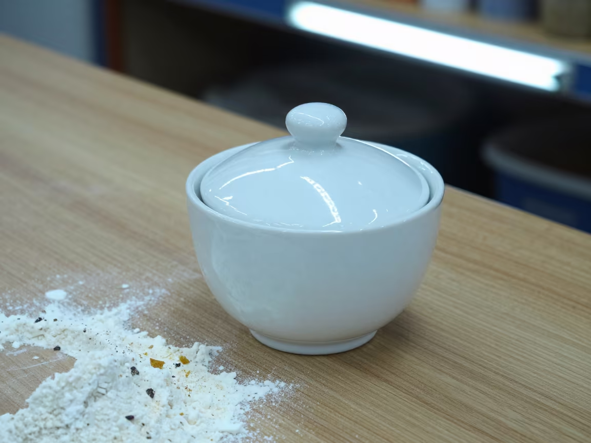Sugar Bowl on Oak Table Midnight Workshop in on a workshop shelf in Bhopal
