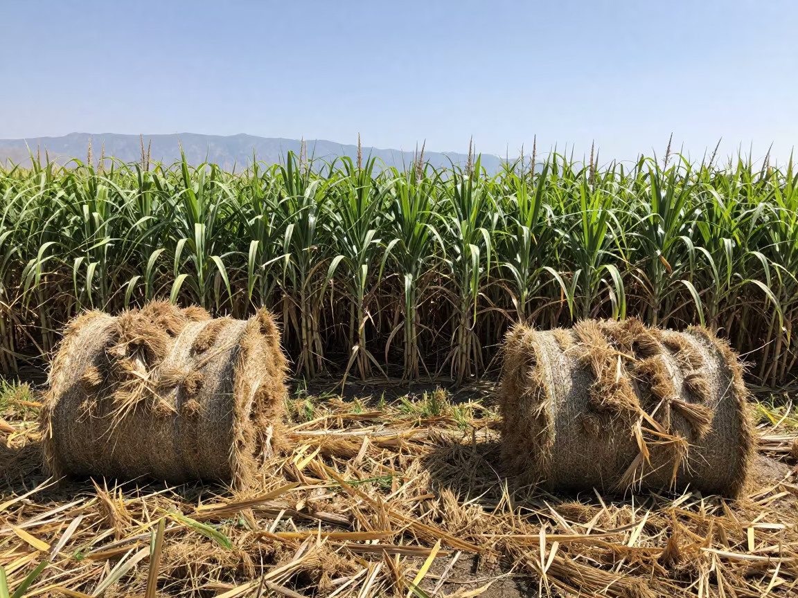 Sugar Cane Field Oskemen Hay Bales Midmorning in beside stacked hay bales in Oskemen