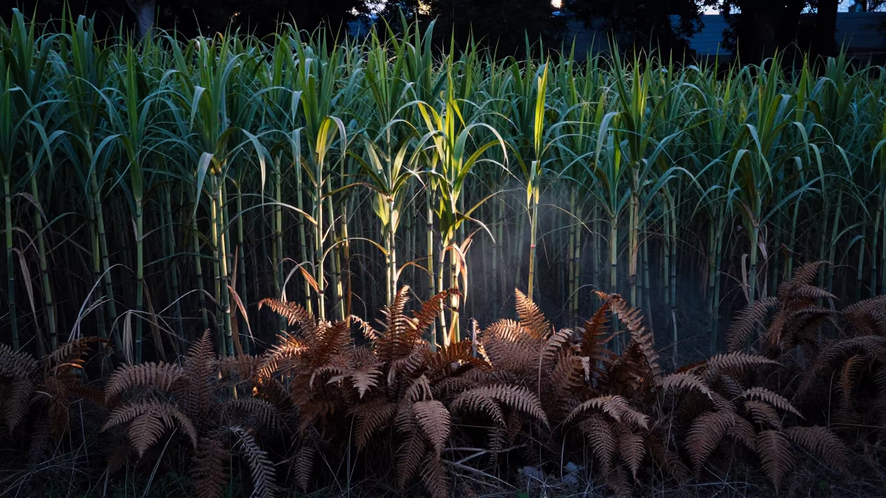 Sugar Cane Stalks in Denver Twilight Forest in on a fern-lined forest floor near LoDo, Denver