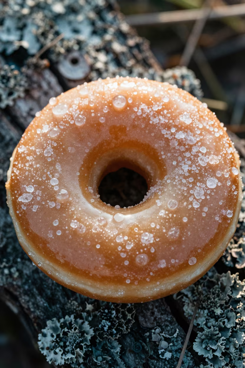 Sugar Crystals on Doughnut in Dewy Dawn Light in on lichen-covered bark in Ciudad Bolívar