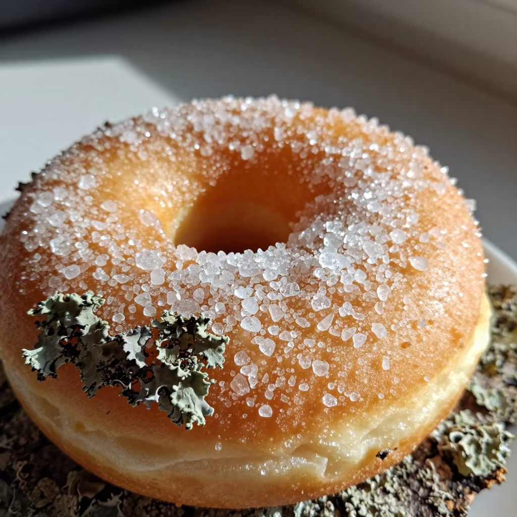 Sugar Crystals on Doughnut with Lichen Bark in on lichen-covered bark in San Lorenzo