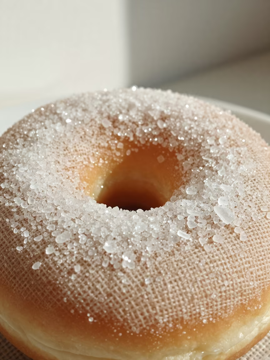 Sugar Crystals on Doughnut with Linen in against woven linen fibers in Makassar