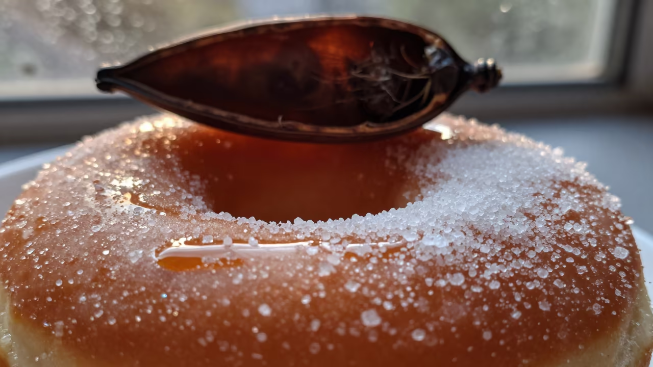 Sugar Crystals on Doughnut Macro Shot in inside a seed pod split open in Indore