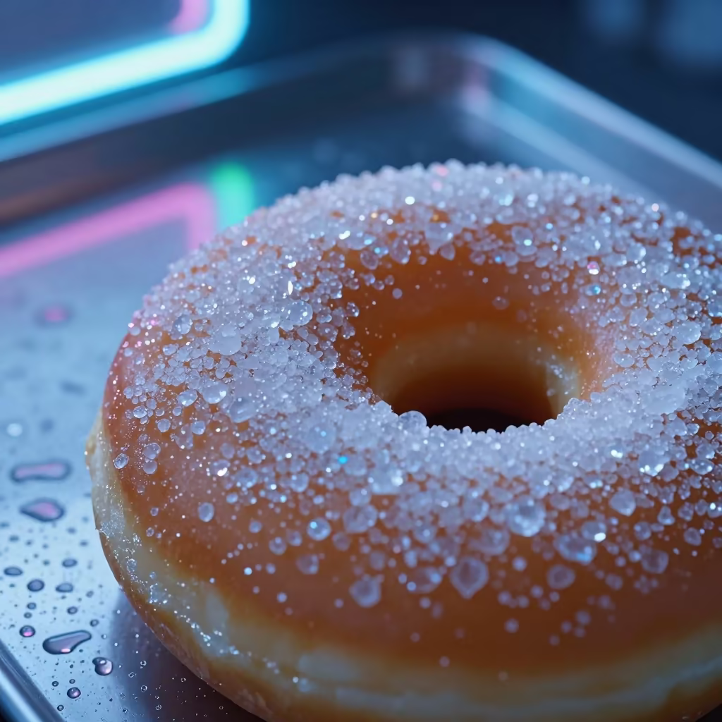 Sugar Crystals on Doughnut in Neon Light in across a rain-beaded metal surface in Catania
