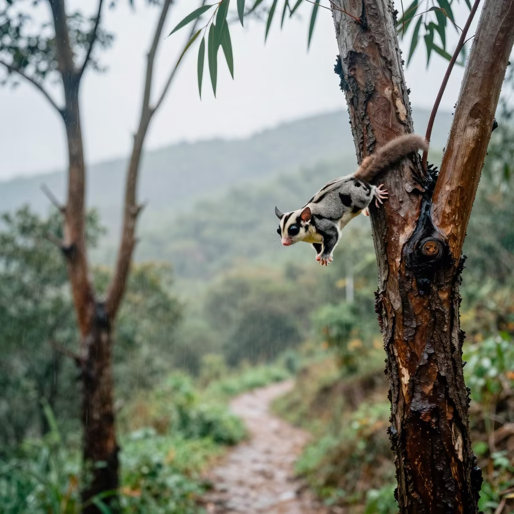 Sugar Glider Leaping Eucalyptus Changchun Monsoon in along a game trail near Changchun