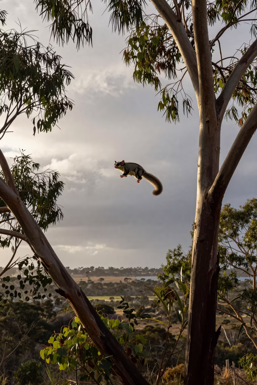 Sugar Glider Leaping Eucalyptus Late Afternoon in near Guiglo