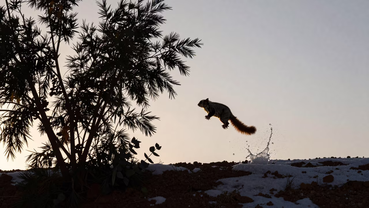 Sugar Glider Leaping Frozen Water Droplets in on a wind-scoured ridge in Morocco