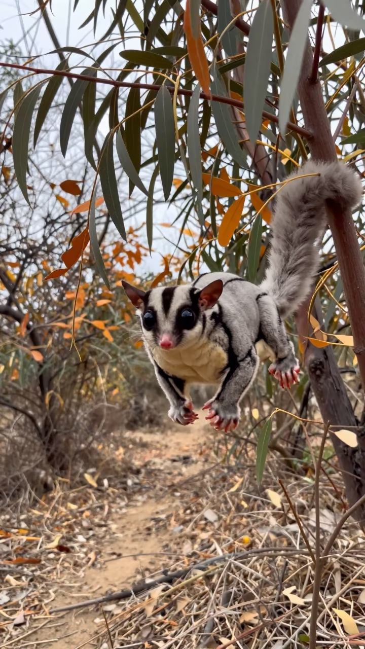 Sugar Glider Mid Leap Eucalyptus Himachal Pradesh in along a game trail in Himachal Pradesh
