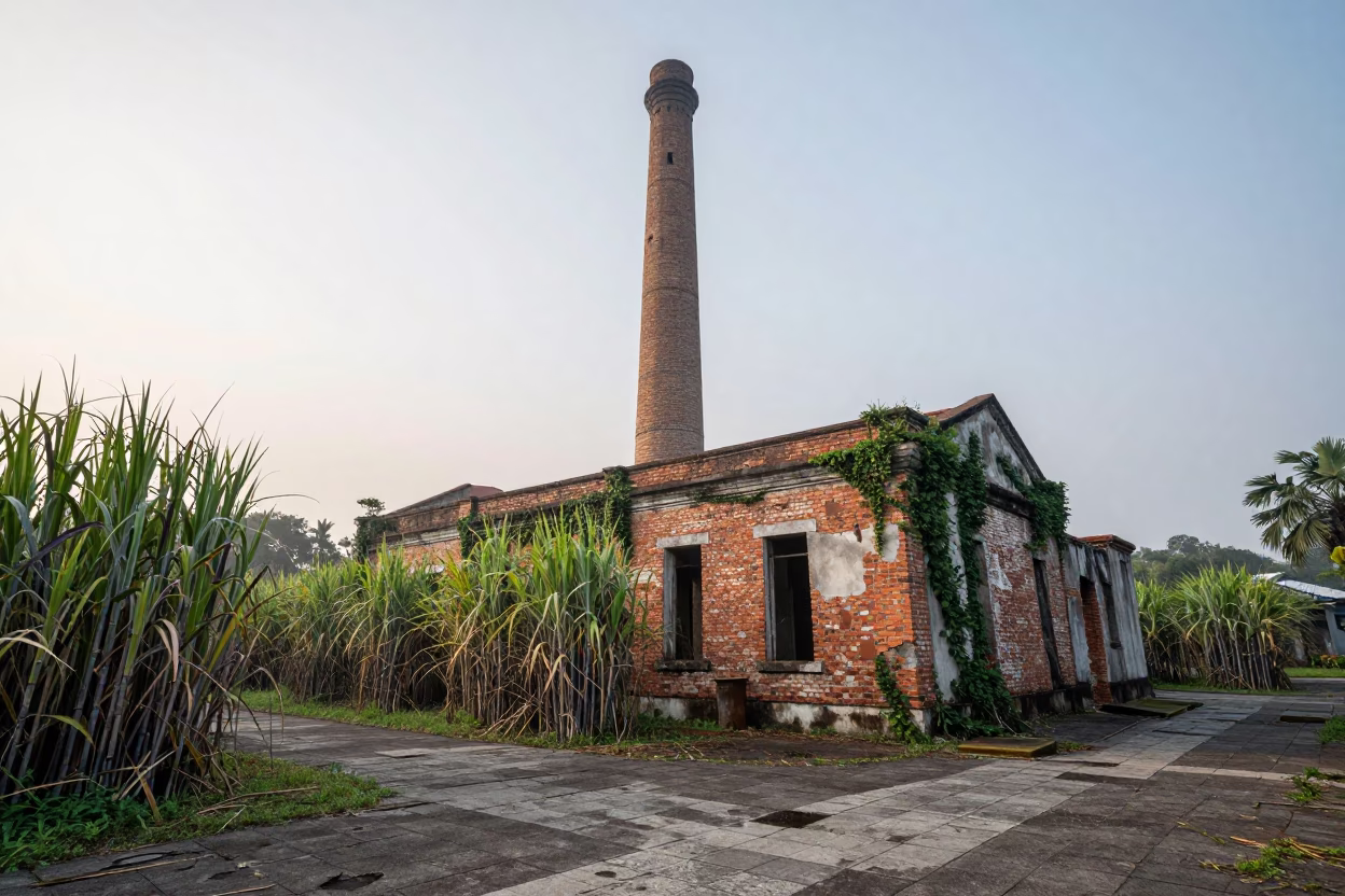 Sugar Mill Chimney Over Tangled Cane in Singapore in through an abandoned ceremonial court in Singapore