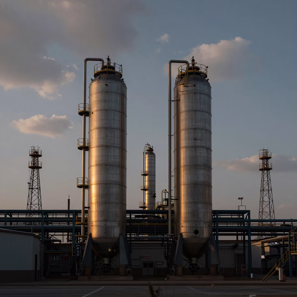 Sugar Refinery Crystallization Tanks Tabriz in under gantries and utility towers near Tabriz
