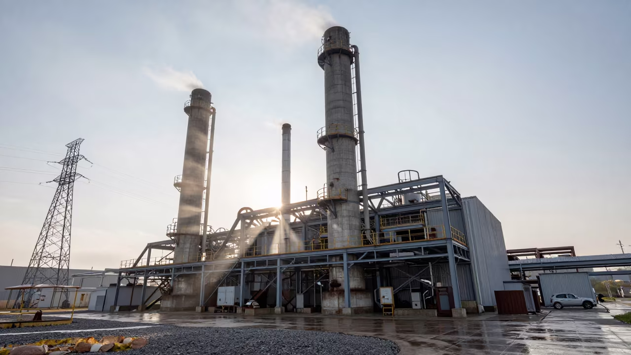 Sugar Refinery Stacks After Rain Soft Light in under gantries and utility towers near Warnes