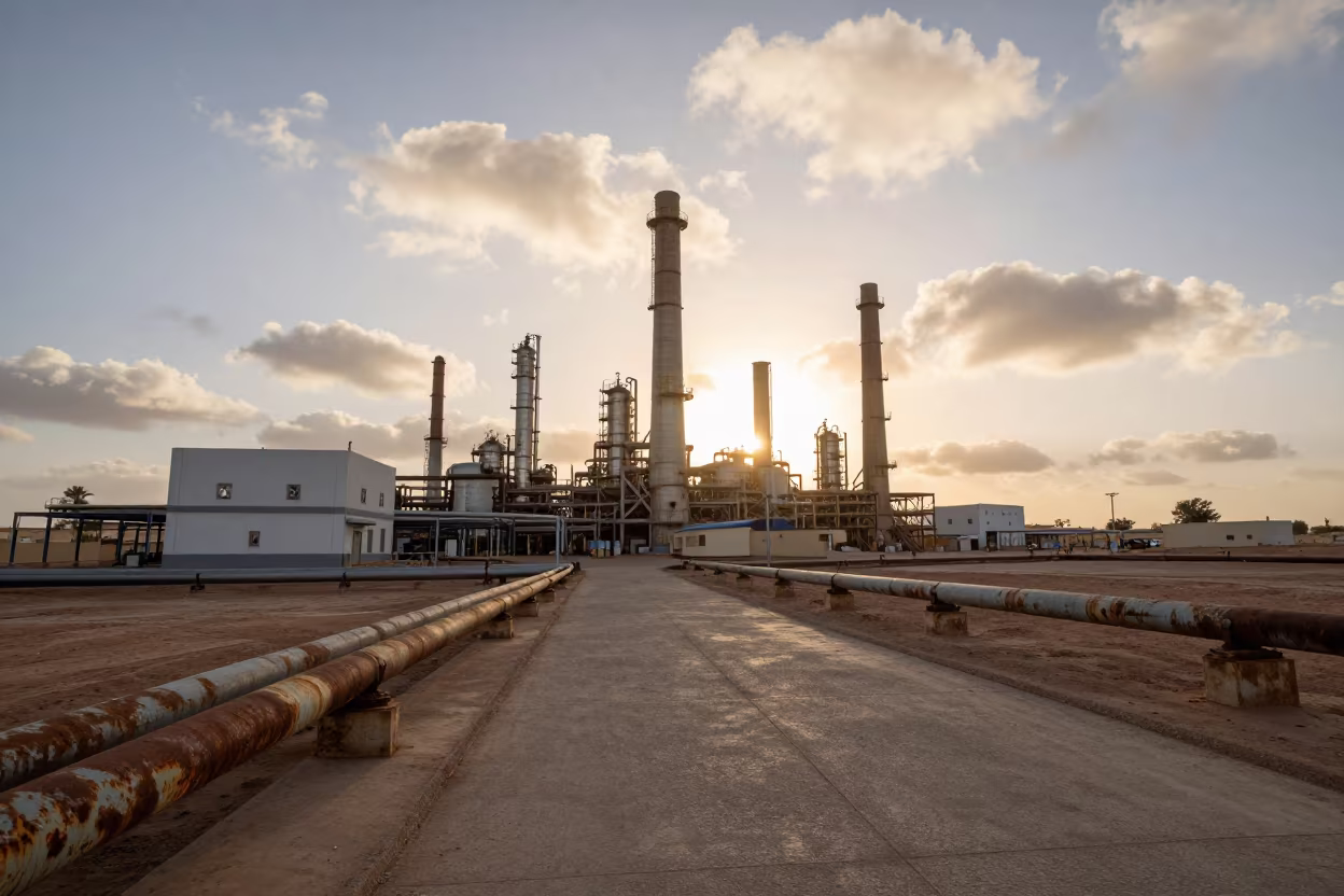 Sugar Refinery Stacks at Sunrise Mauritania in along a service road lined with pipes in Mauritania