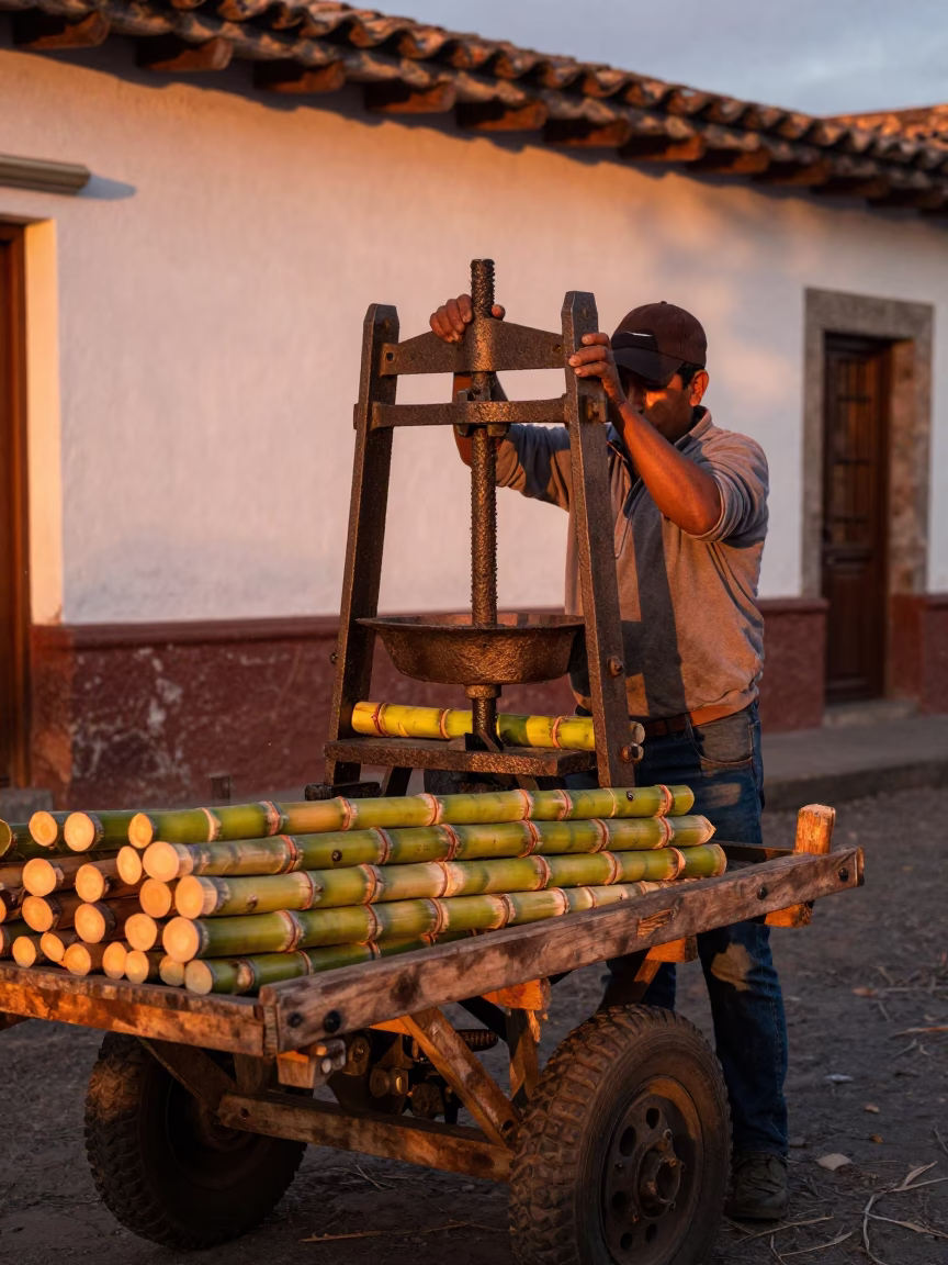 Sugarcane Juice in Quito at Copper-toned Light Before Dusk in in Quito, Ecuador