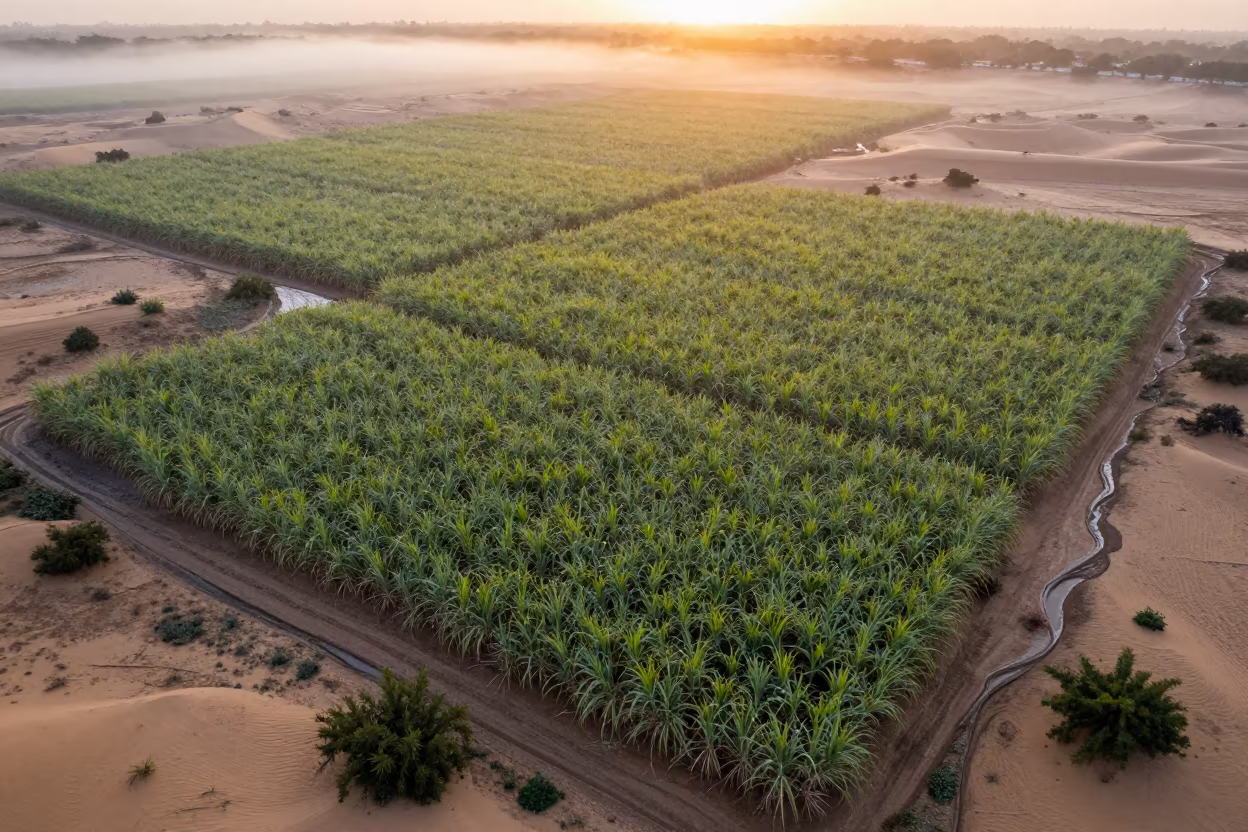 Sugarcane patchwork aerial Peru sunset in above dune fields and dry wadis in Peru