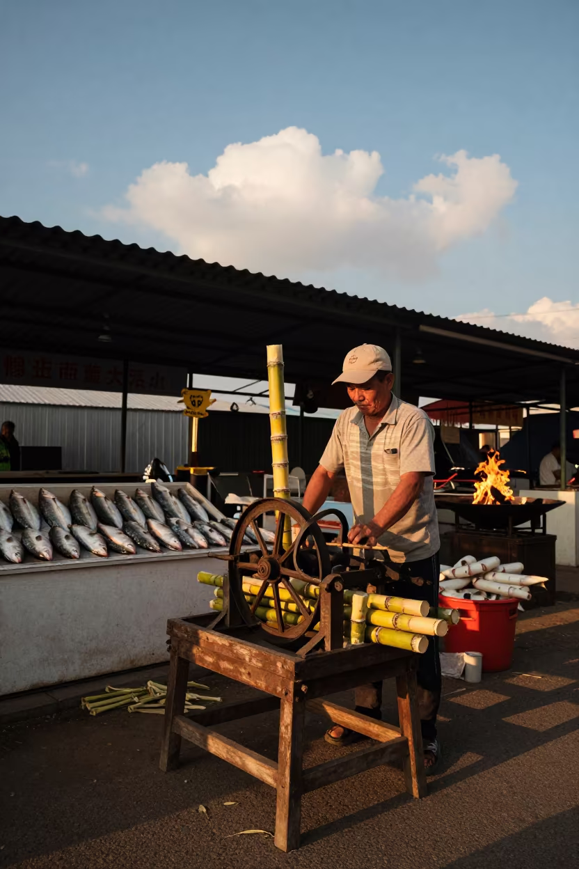 Sugarcane Vendor Pressing Juice in Anyang Market in beside a fish counter in Anyang