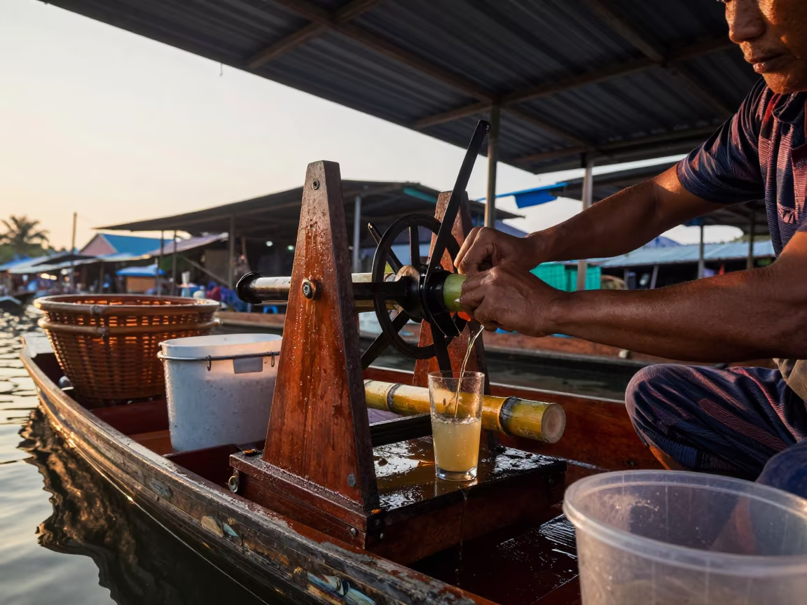 Sugarcane Vendor Pressing Juice on Floating Boat in at a floating market boat in Goiania