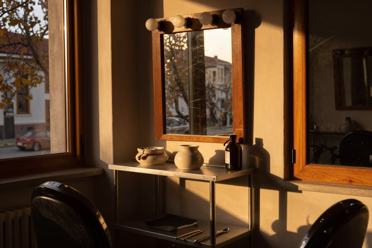 Sugaring Paste Warmer Shelf Sunset Beauty Station in at a barber station beneath mirror bulbs in Gölcük