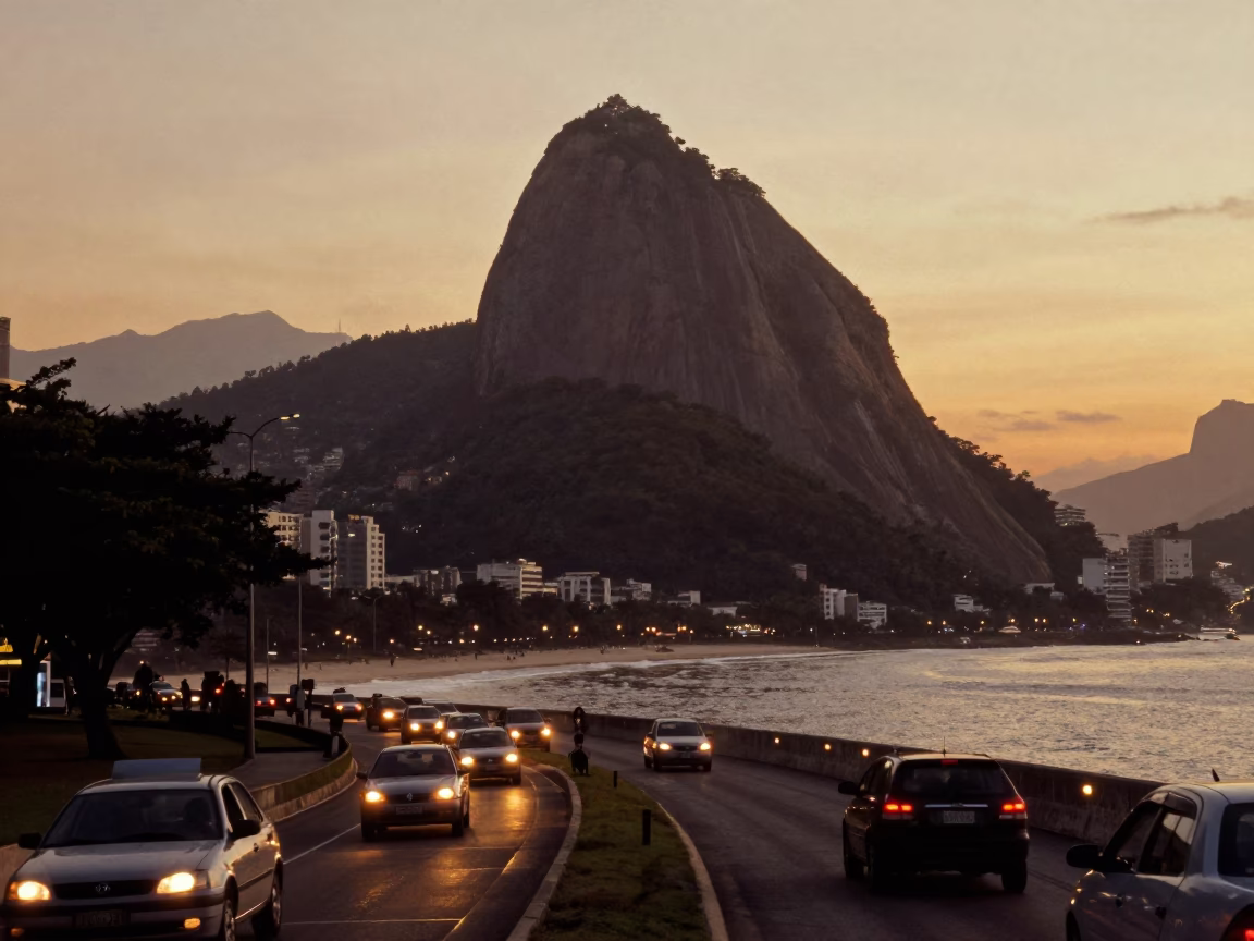 Sugarloaf Mountain And Coastal Highway Traffic in Rio De Janeiro in in Rio de Janeiro, Brazil