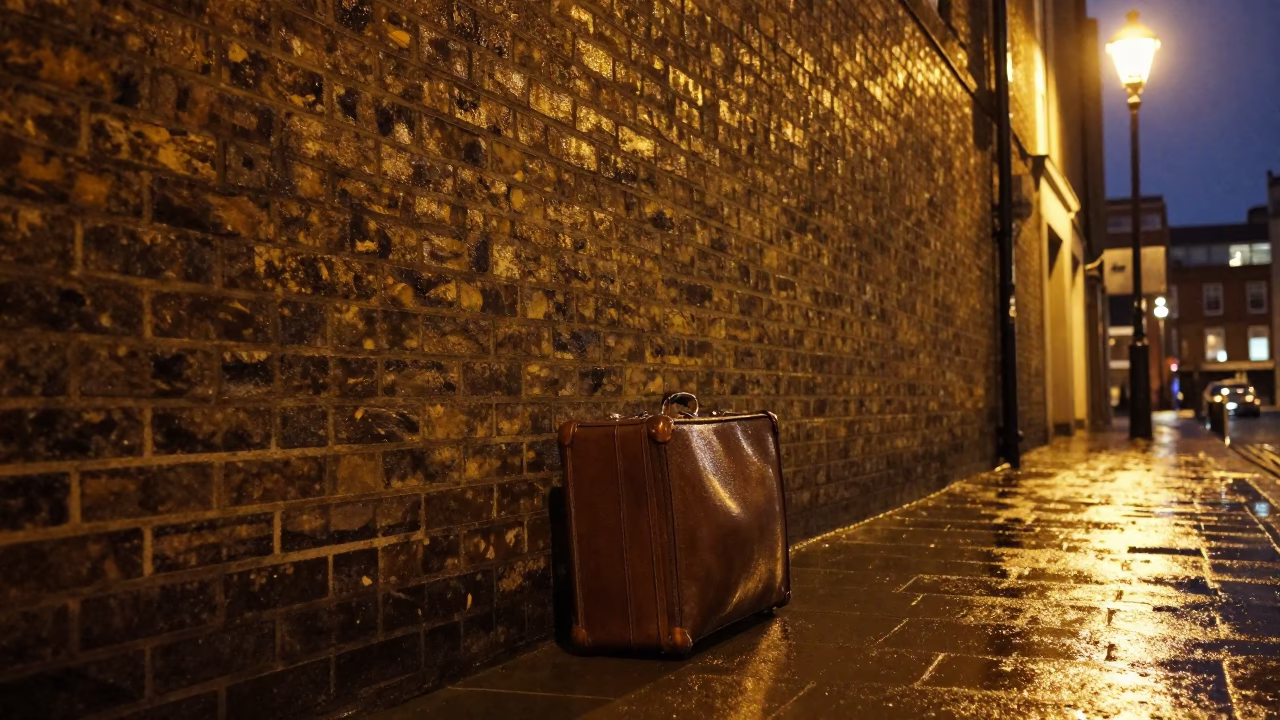 Suitcase after dark in London in in London, United Kingdom