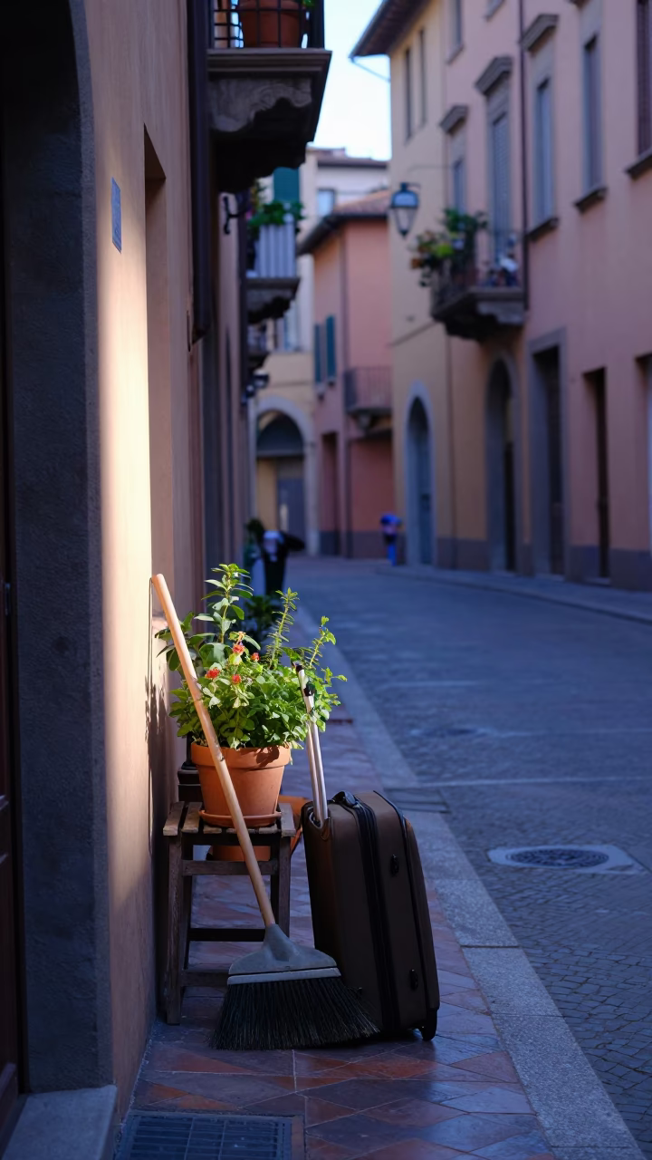Suitcase at Early Morning Light in in Bologna, Italy