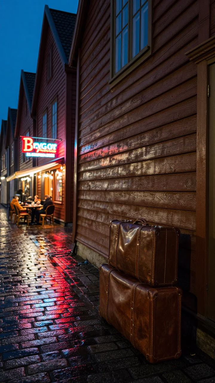Suitcases after dark in Bergen in in Bergen, Norway