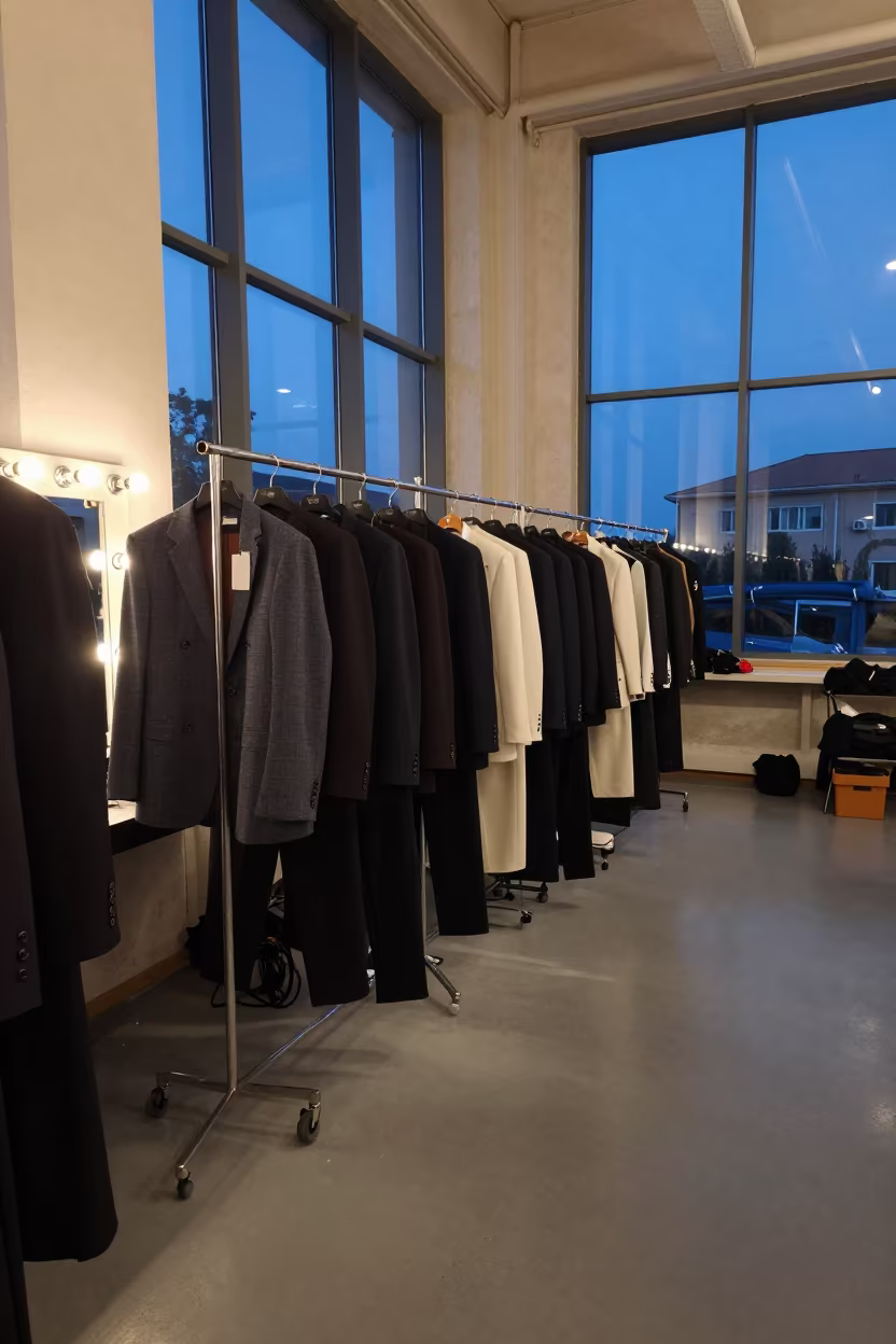 Suited Runway Backstage Blue Hour Balıkesir in beside a mirror lined with makeup bulbs in Balıkesir