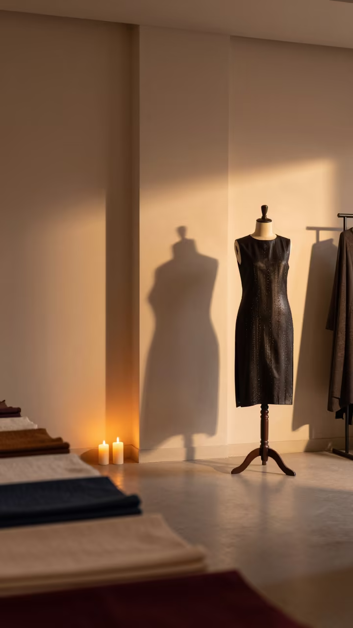 Suiting Dress Form Golden Hour Candlelight Kandhkot in inside a minimalist showroom in Kandhkot