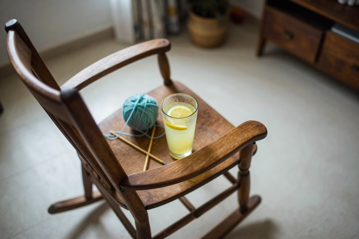 Sukkur Porch Morning with Lemonade and Knitting in in a sunlit living room in Sukkur