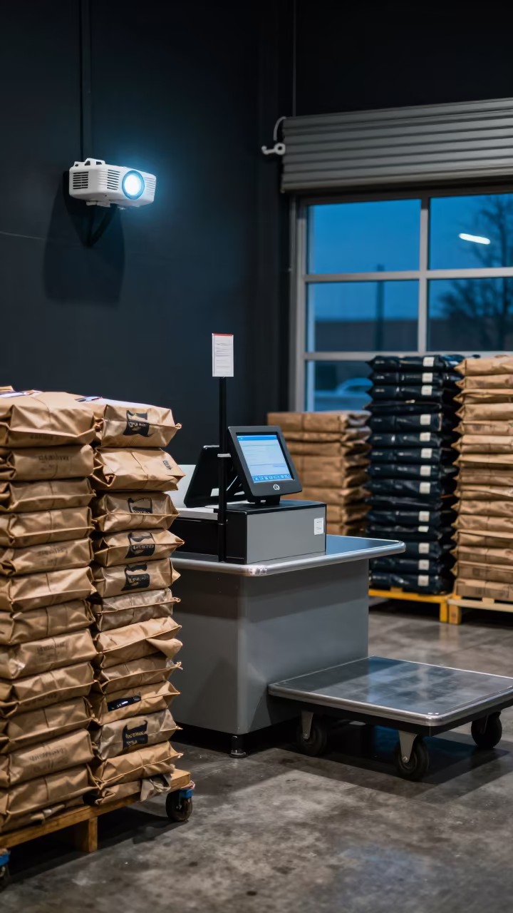 Sukkur Warehouse Checkout Night Glow in at a cash wrap counter with bags stacked nearby in Sukkur