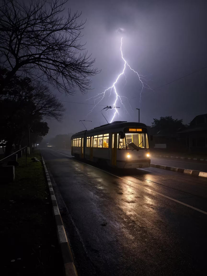 Sulawesi Tram Night Storm Frozen Lightning in on a wind-open causeway in Sulawesi