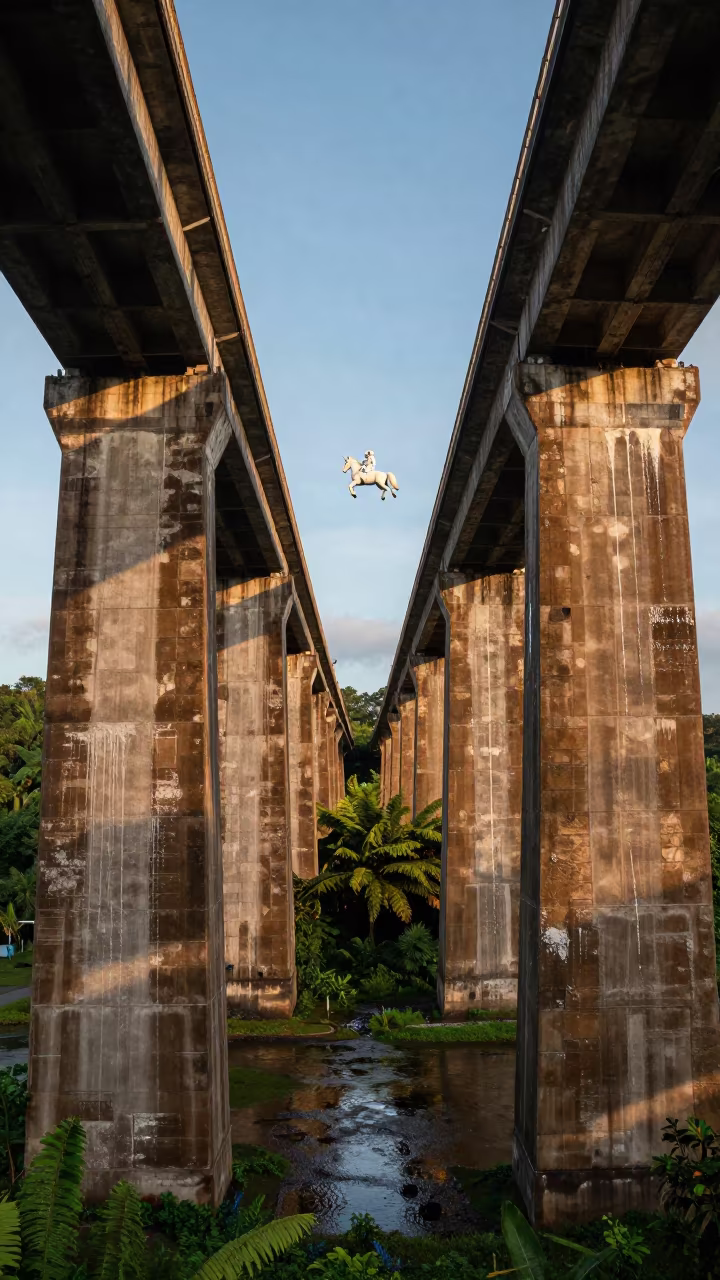 Sulawesi Viaduct Unicorn Astronaut Golden Hour in along a bridge maintenance walkway in Sulawesi