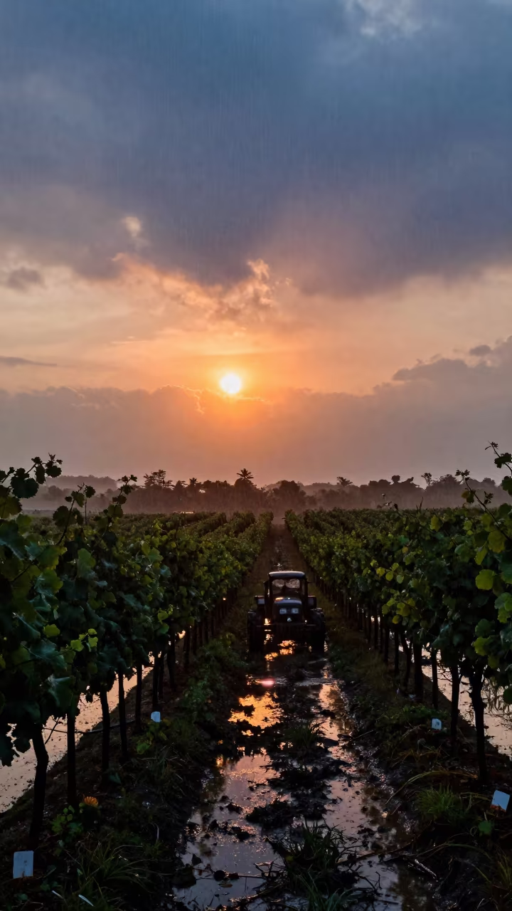 Sulfur Dust Vineyard Row Sunset Philippines Monsoon in among terraced rice paddies in Philippines