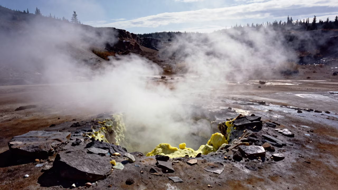Sulfur vents in Canada under bright coastal glare in in Canada