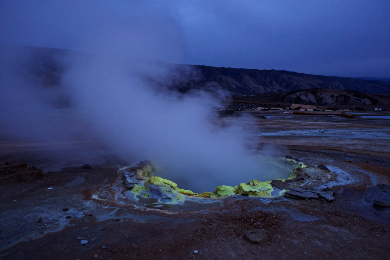 Sulfur Yellow Fumarole Vent at Blue Hour Armenia in in Armenia