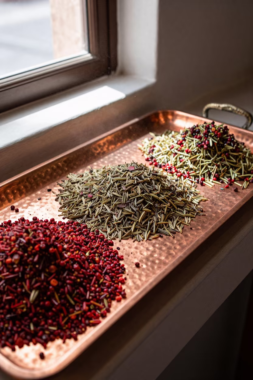Sumac and Za'atar on Copper Tray in Querétaro in on a painted display ledge near Santiago de Querétaro