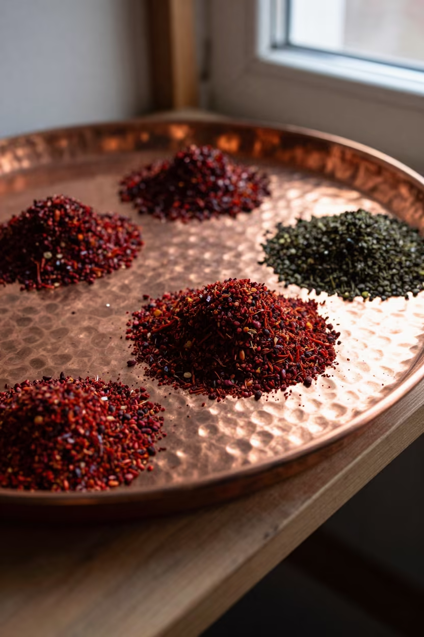 Sumac and Za'atar on Copper Tray in on a workshop shelf near Spikeri, Riga