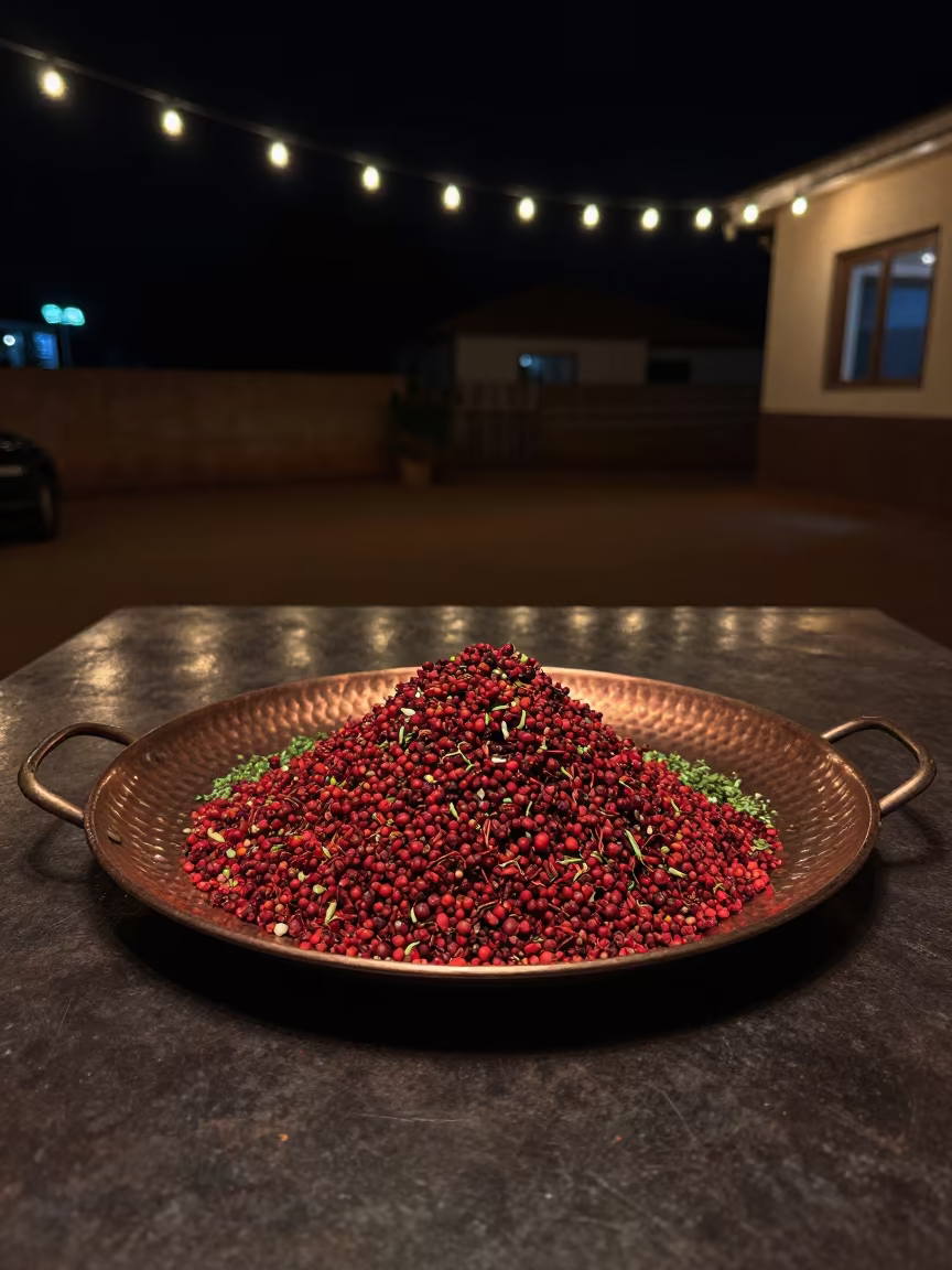 Sumac Zaatar on Copper Tray Yaounde Night Cafe in on a cafe table by a window in Yaounde
