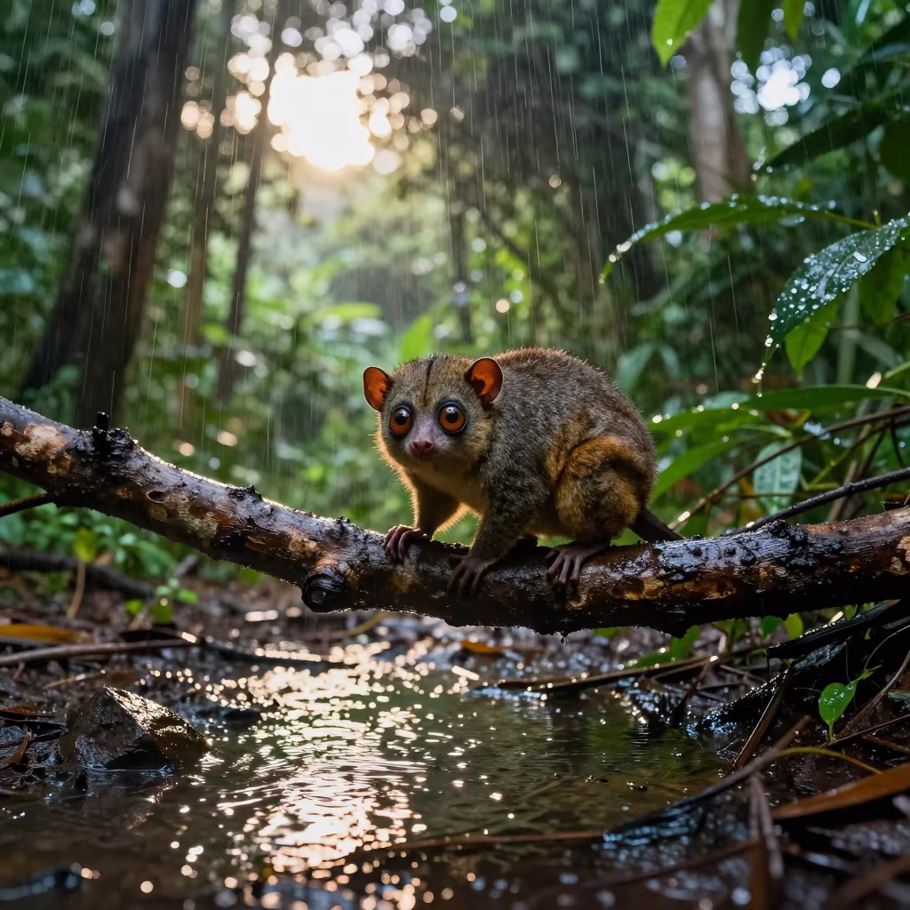 Sumatran Bushbaby Eyes Reflected Water Light in in Sumatra