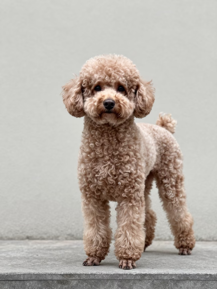 Sumbe Poodle Portrait Courtyard Wall Detail in beside a plain courtyard wall in clear daylight with the animal at eye level in Sumbe
