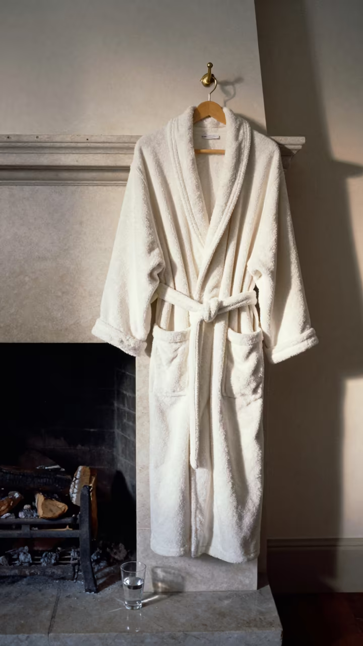 Summer Dawn Bathrobe Fireplace Geneva in by a crackling fireplace in Geneva
