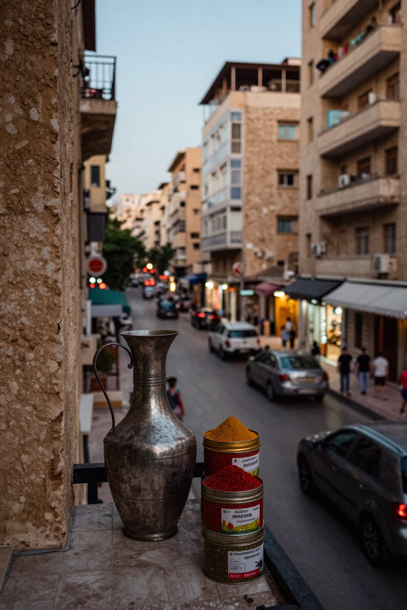 Summer Evening Beirut Street Scene with Carafe and Spice Tins on Balcony in in Beirut, Lebanon
