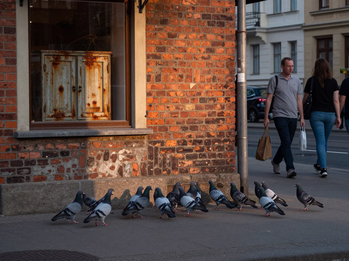Summer Evening Berlin Street Scene with Pigeons and Vintage Details in in Berlin, Germany