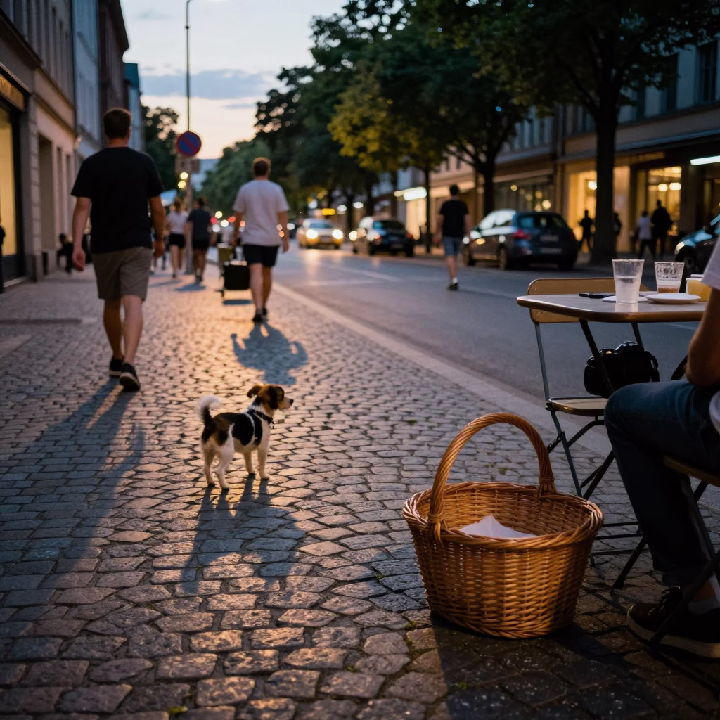 Summer Evening Berlin Street Scene with Small Dog and Basket in in Berlin, Germany
