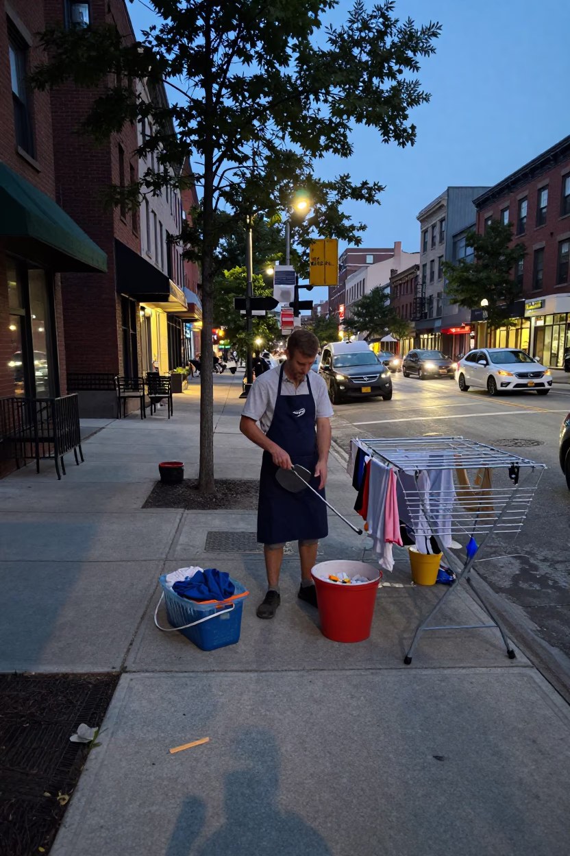 Summer Evening Chicago Street Corner Gardener and Aprons in in Chicago, Illinois, United States