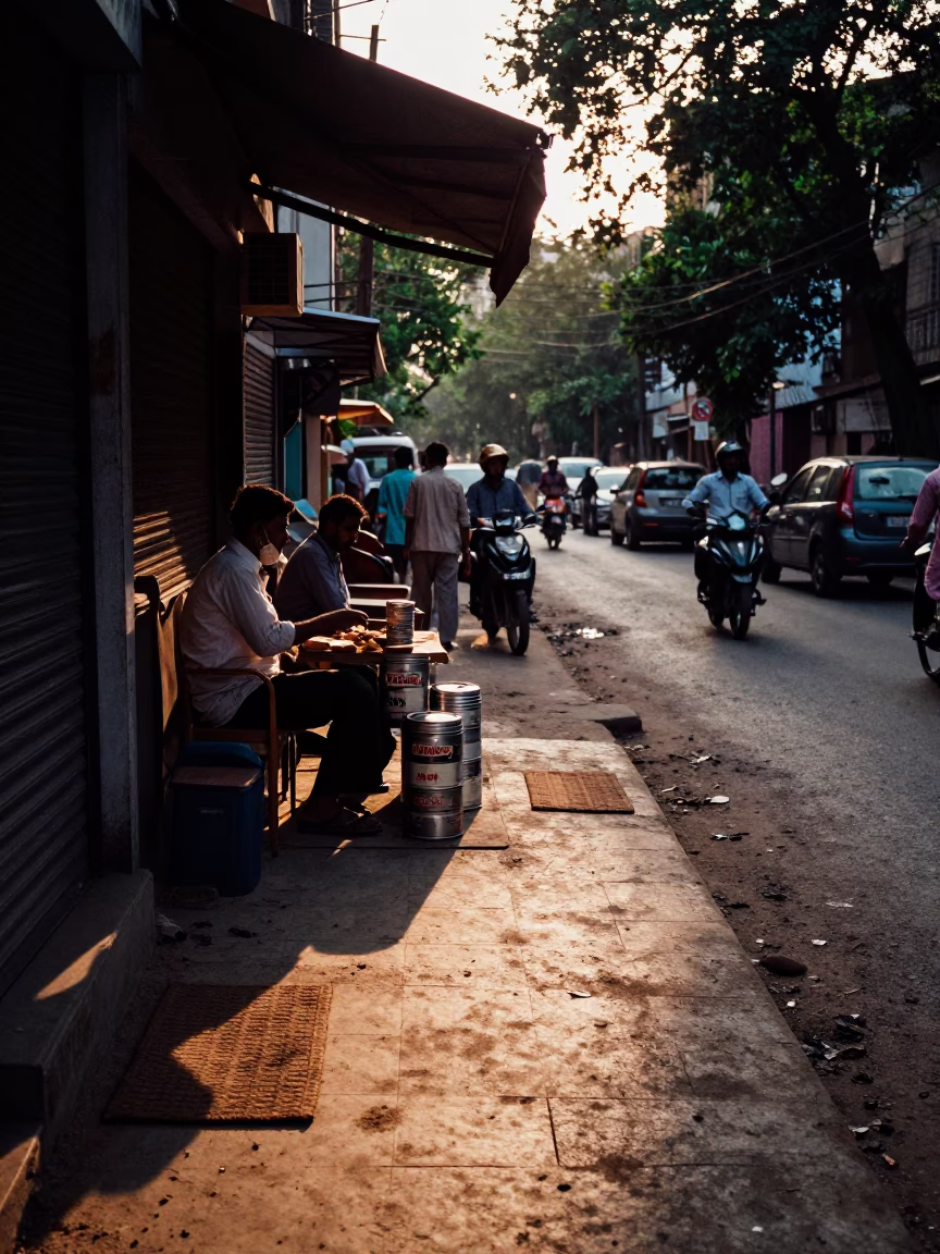 Summer Evening Delhi Street Scene With Tiffin Tin And Newspaper Stack in in Delhi, India